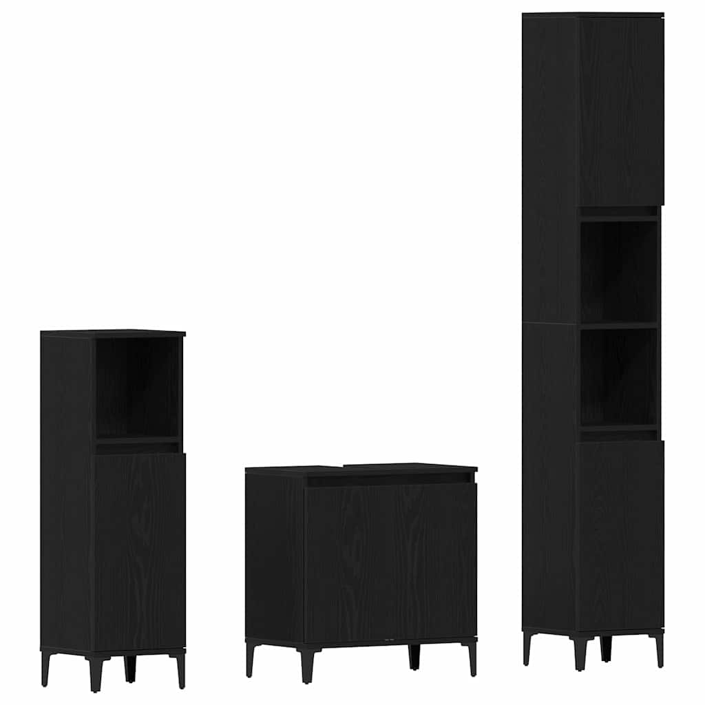 Set de mobilier pentru baie Pe perete cu ușă 3 pcs Stejar Negru