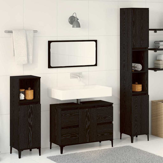 Set de mobilier pentru baie Pe perete cu ușă 3 pcs Stejar Negru