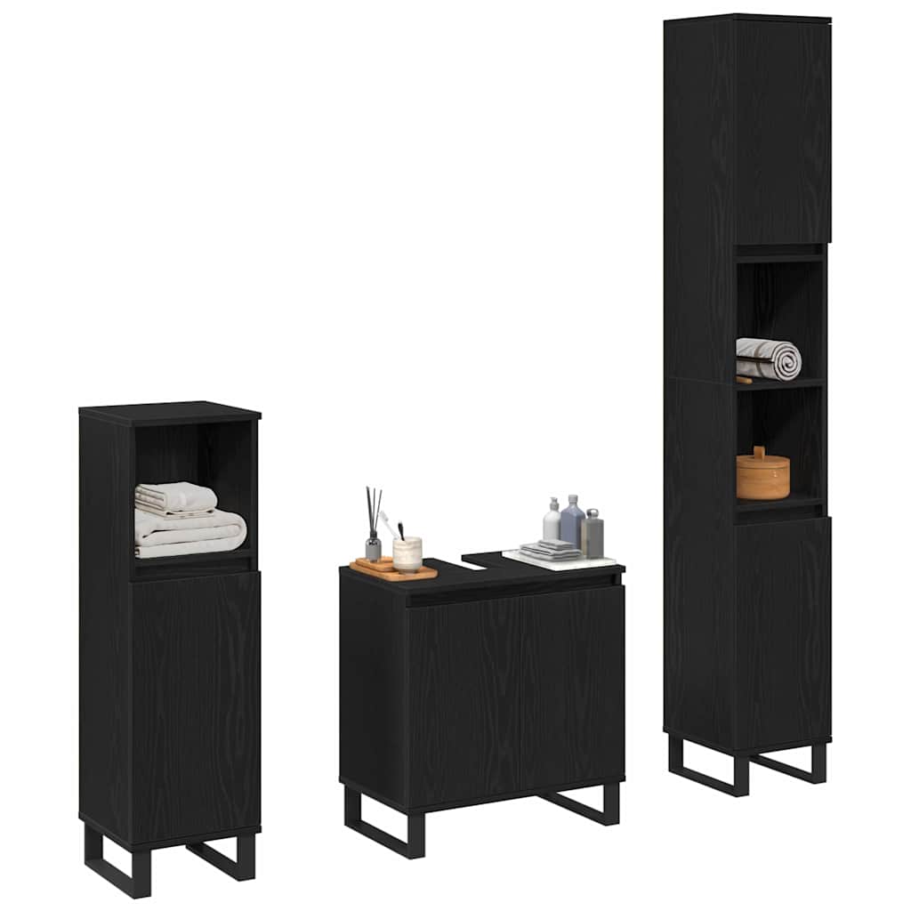 Set de mobilier pentru baie Pe perete cu ușă 3 pcs Stejar Negru