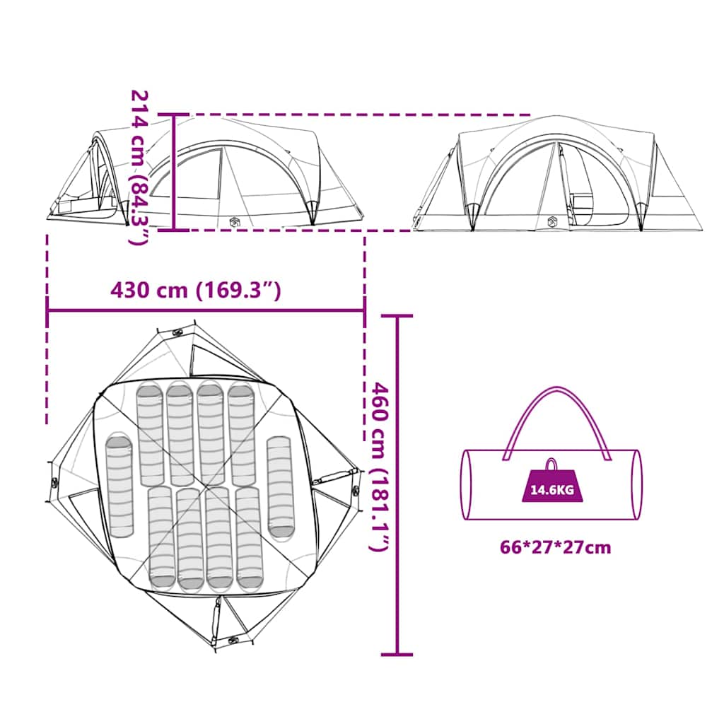 Cort de familie pentru 10 persoane cu acoperiș Albastru și Gri