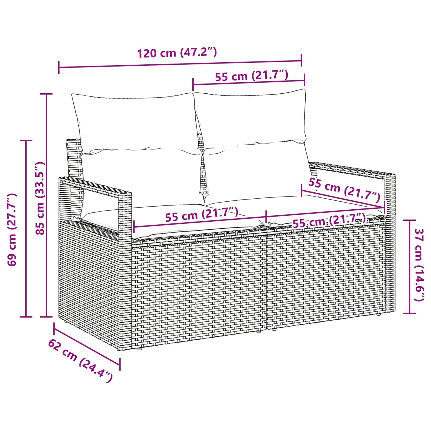 Canapea de grădină cu pernă 120 x 62 x 69 cm poliratan