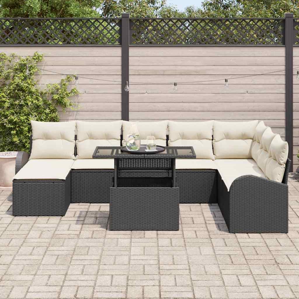 Set de canapele pentru grădină cu pernă 9 pcs negru și crem