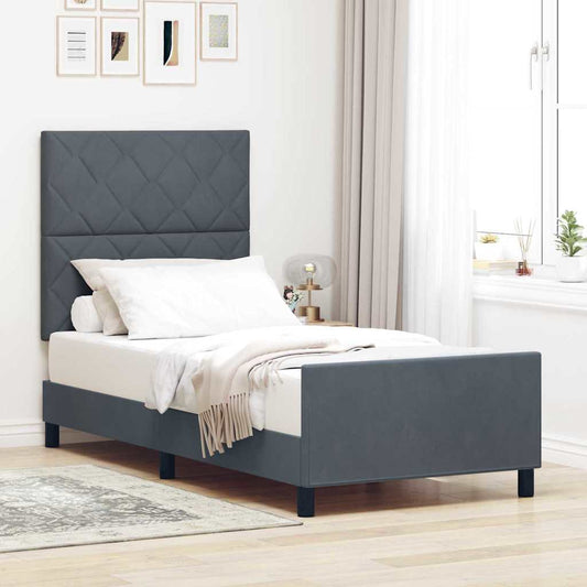 Pat cu arcuri cu headboard Gri închis 90 x 190 cm Catifea