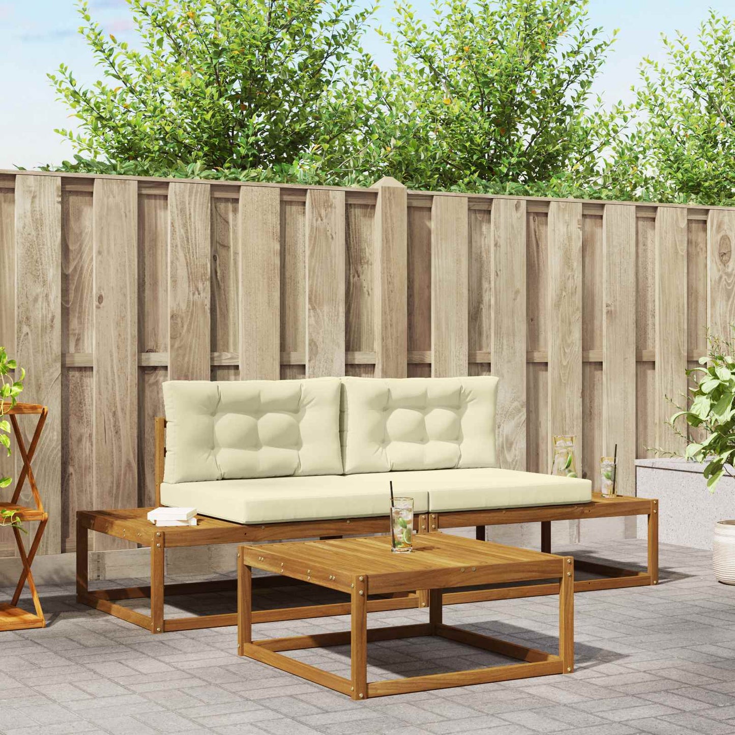 Set de canapele de exterior cu pernă 3 Bucată Natural și Crem