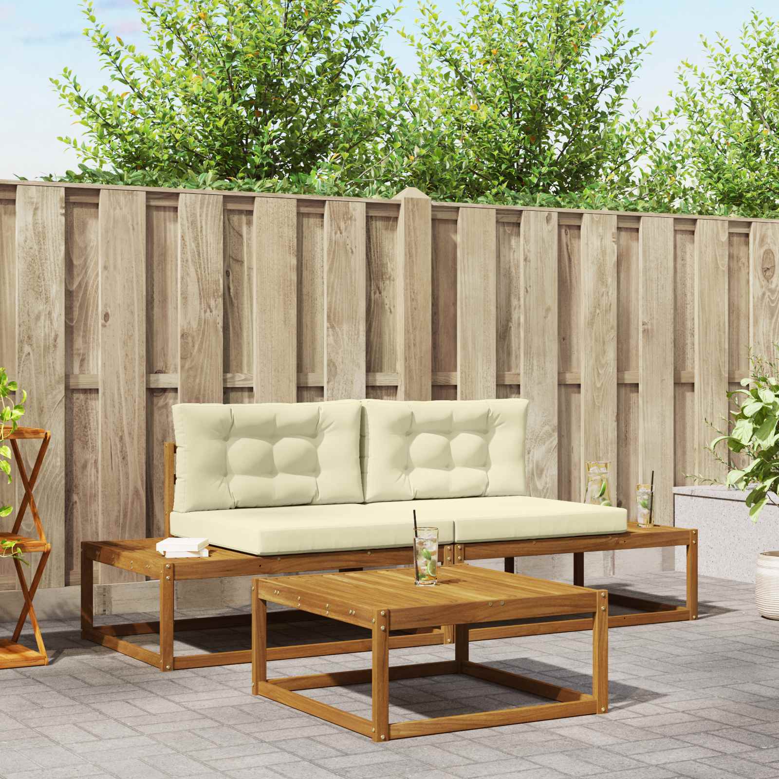 Set de canapele de exterior cu pernă 3 Bucată Natural și Crem