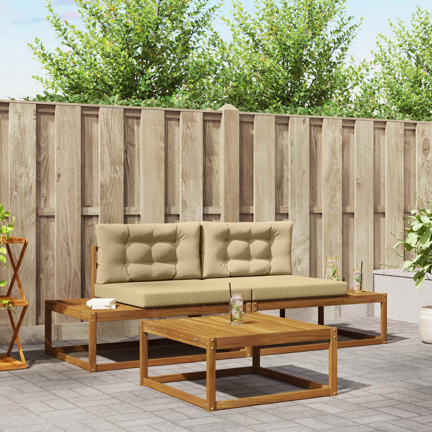 Set de canapele de exterior cu pernă 3 Bucată Natural și Bej