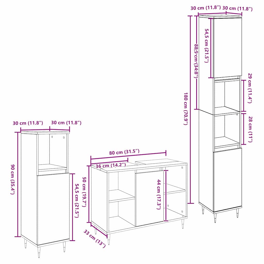Set de mobilier pentru baie 3 pcs Stejar Negru Lemn compozit