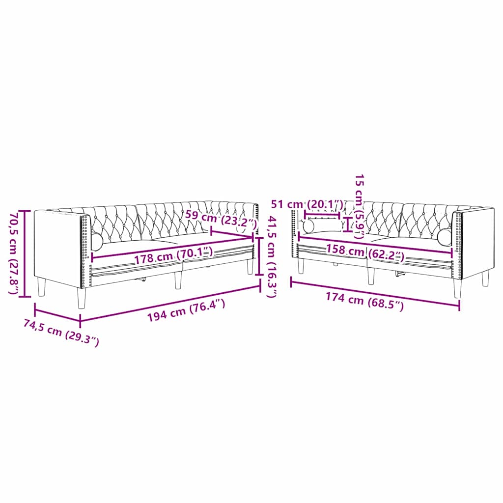 Canapea pentru living 2 pcs Gri deschis 194 x 74,5 x 70,5 cm