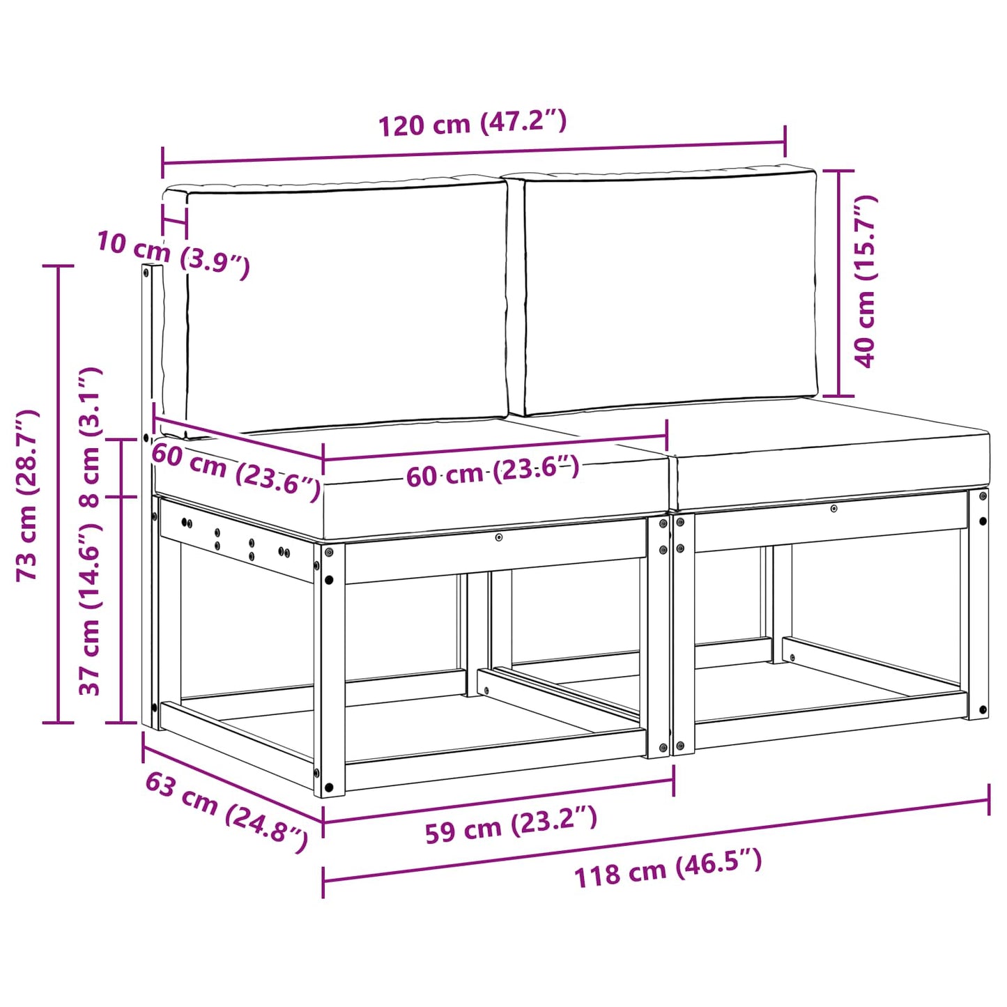 2 Bucată Canapea Medie pentru Exterior Lemn Solid de Acacia
