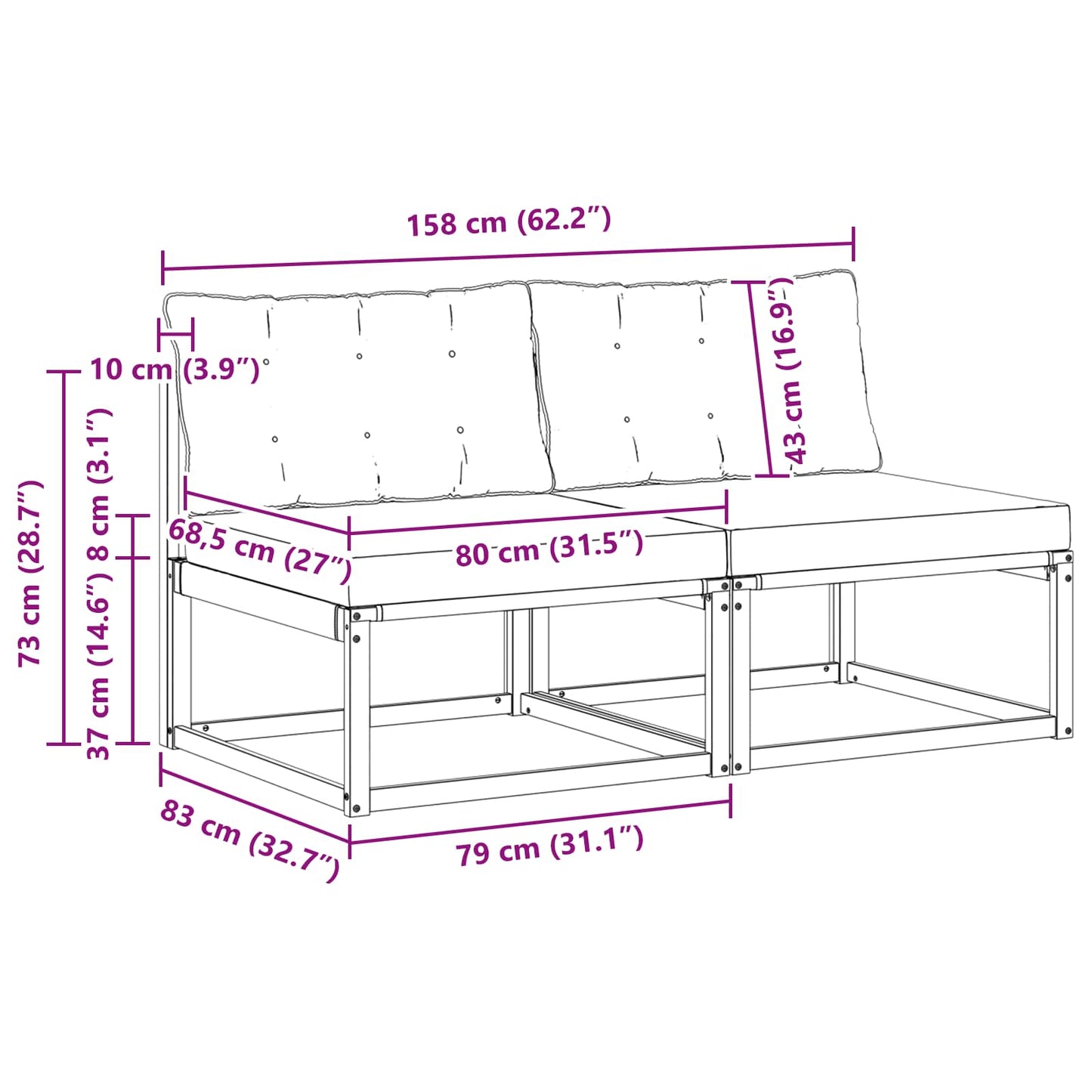 2 Bucată Canapea Medie pentru Exterior Lemn Solid de Acacia