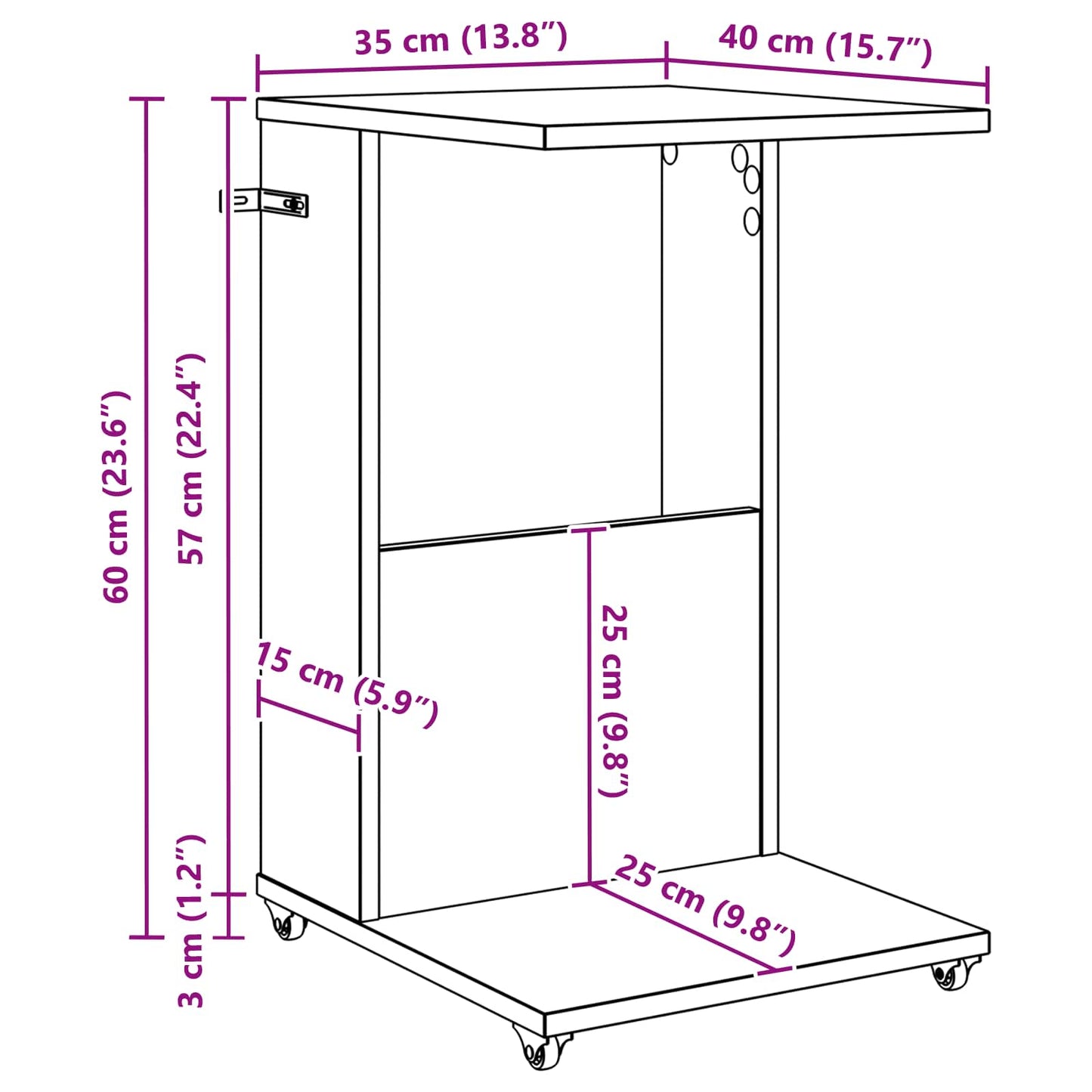 Masă laterală cu roata Alb 40 x 35 x 60 cm Lemn compozit