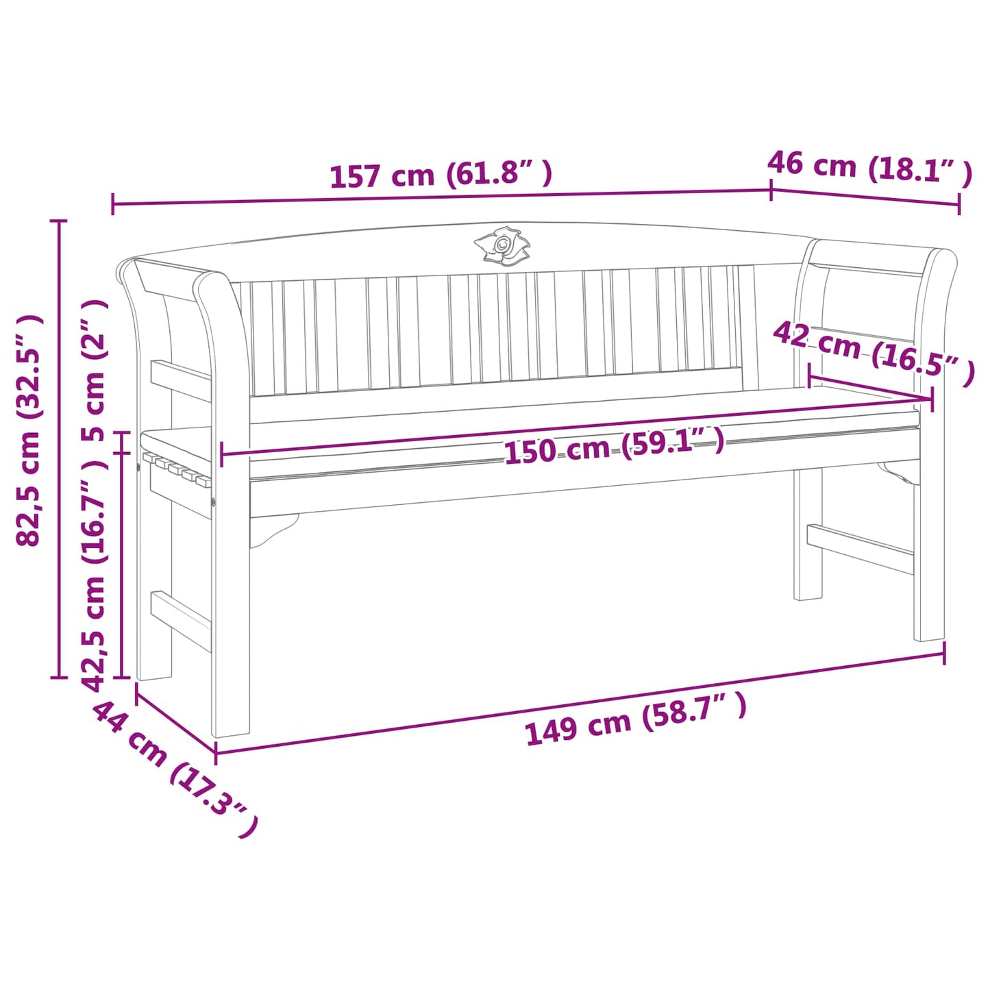 bancă cu pernă Finisaj cu ulei natural 157 x 46 x 82,5 cm