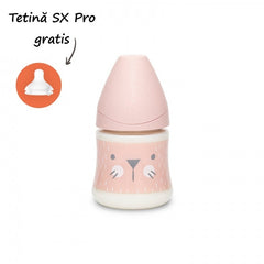 Biberon 150 ml cu tetină rotundă din silicon, debit lent, pisică roz Hygge Suavinex