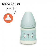 Biberon 150 ml cu tetină rotundă din silicon, debit lent, pisică verde Hygge Suavinex