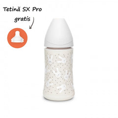 Biberon 270 ml cu tetină rotundă din silicon, 3 fluxuri, iepuraș gri Hygge Suavinex