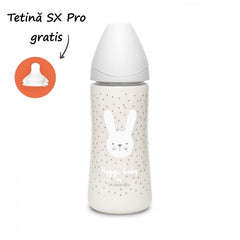 Biberon 360 ml cu tetină rotundă din silicon, debit dens, iepuraș gri Hygge Suavinex