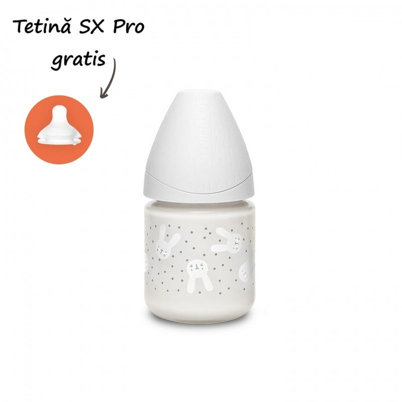 Biberon din sticlă 120 ml cu tetină rotundă din silicon