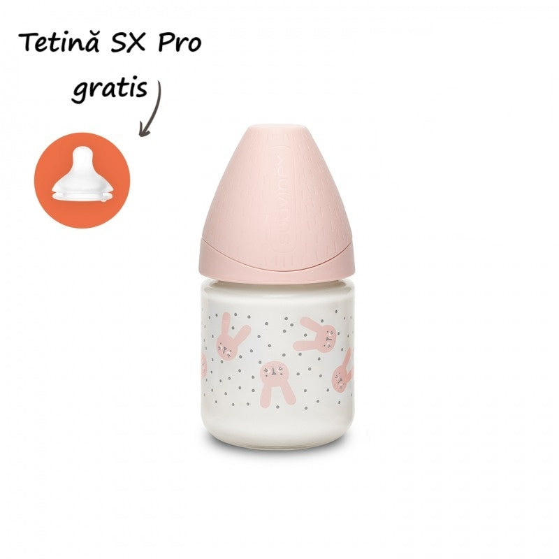 Biberon din sticlă 120 ml cu tetină rotundă din silicon