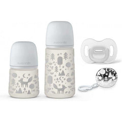 Set Cadou biberon 150 ml + biberon 270 ml + suzetă + lănțișor suzetă Fox, Suavinex