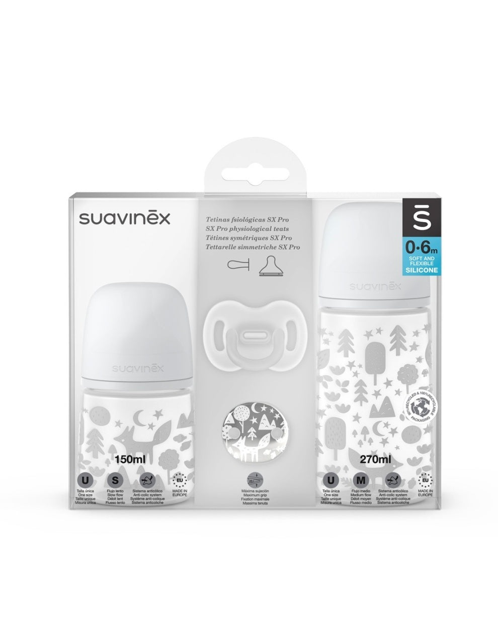 Set Cadou biberon 150 ml + biberon 270 ml + suzetă + lănțișor suzetă Fox