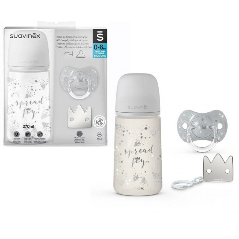 Set Cadou Biberon 270ml + Suzetă 0-6m + Clema Silver Premium