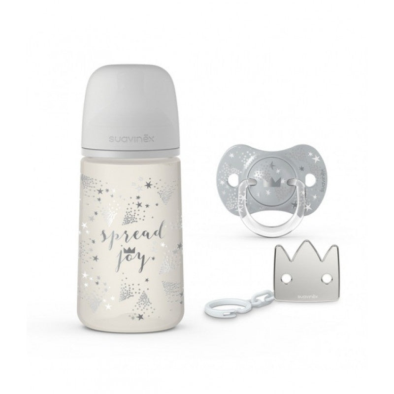 Set Cadou Biberon 270ml + Suzetă 0-6m + Clema Silver Premium