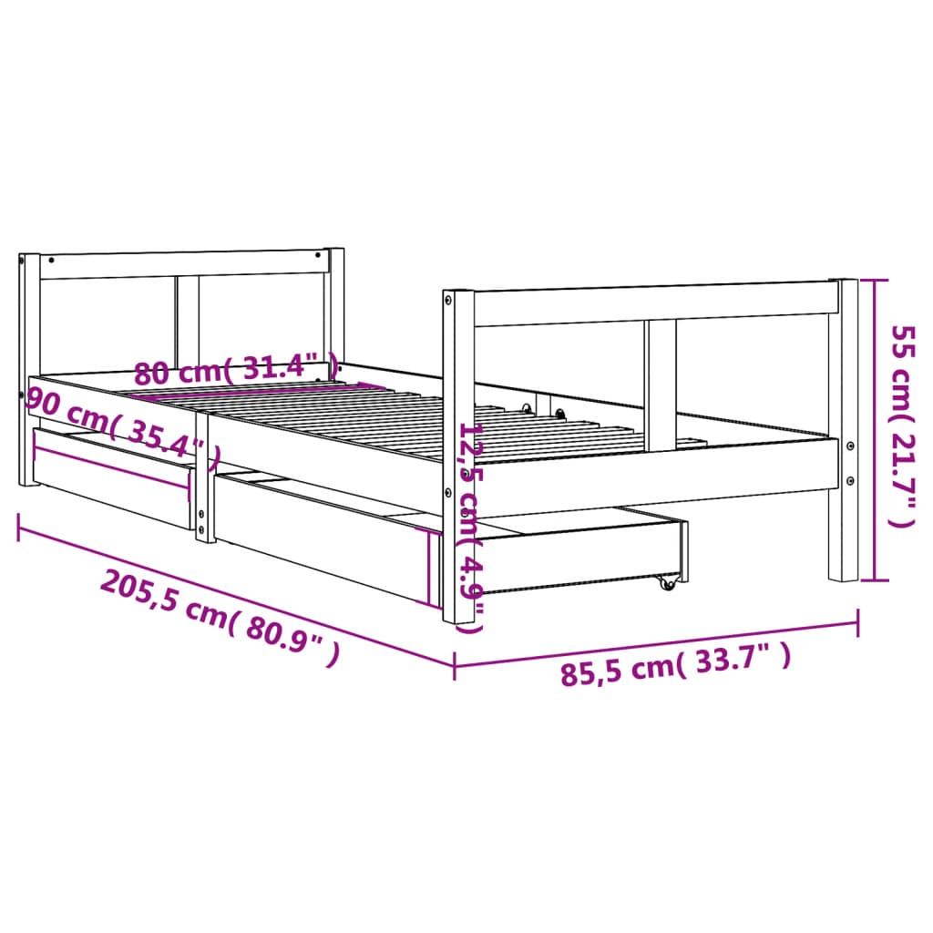 Cadru pat copii cu sertare, 80x200 cm, lemn masiv de pin - Vendito