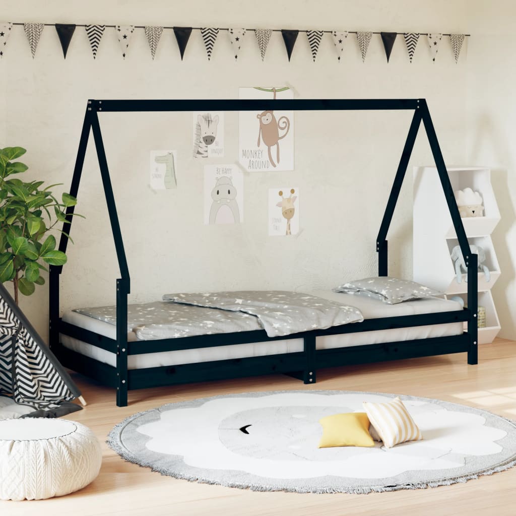 Cadru de pat pentru copii, negru, 80x200 cm, lemn masiv de pin - Vendito