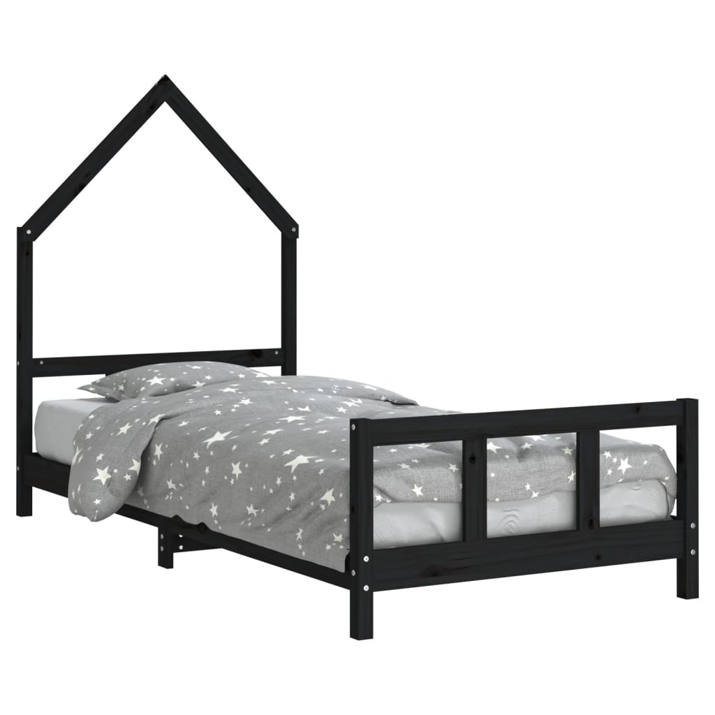 Cadru de pat pentru copii, negru, 90x190 cm, lemn masiv de pin - Vendito