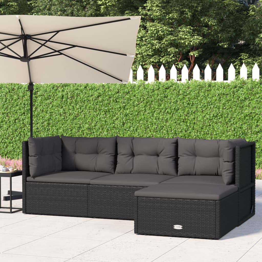 Set mobilier relaxare grădină 4 piese cu perne poliratan negru - Vendito
